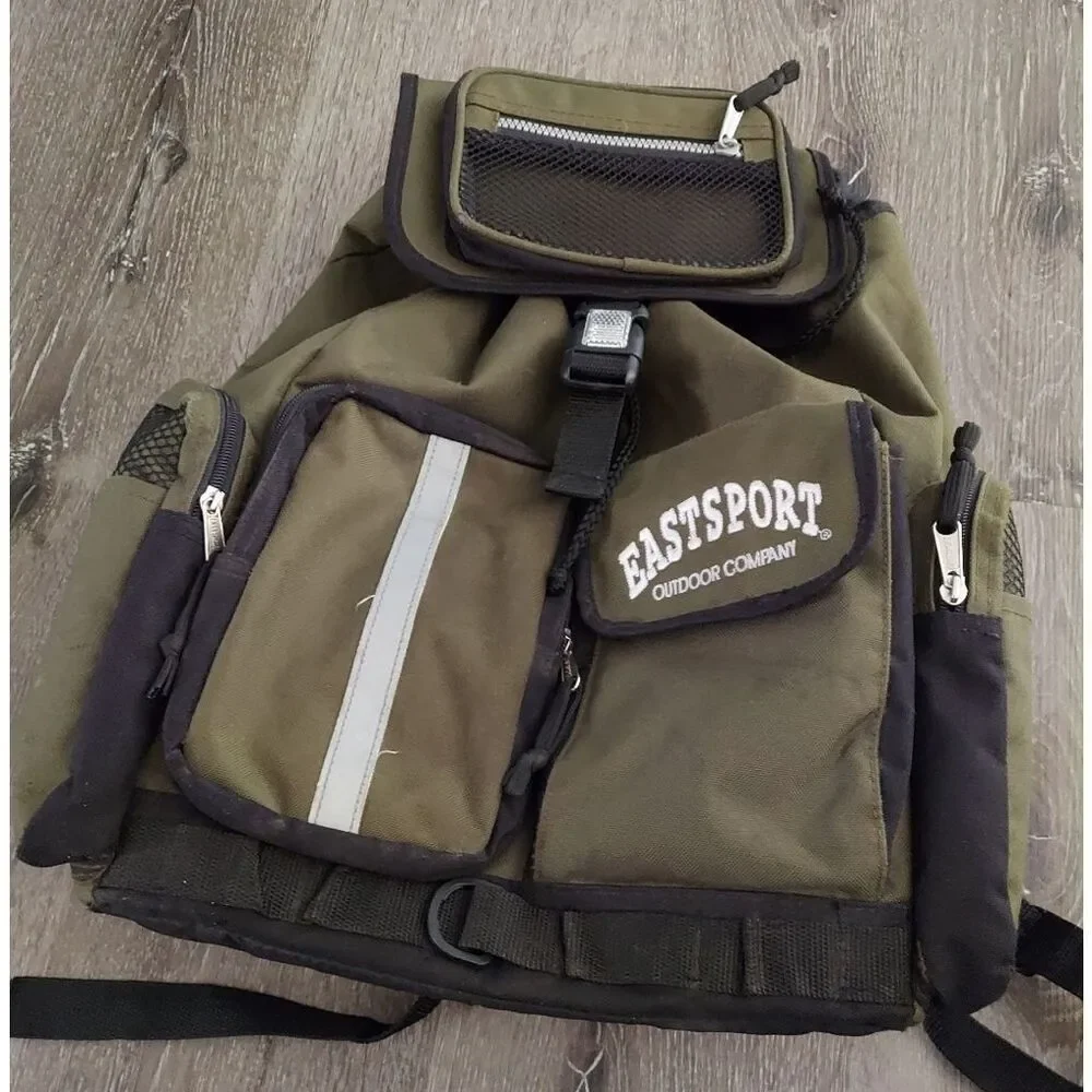 Vintage Eastport Olive Green Multi-Pocket Outdoor-Style Cinch Backpack
